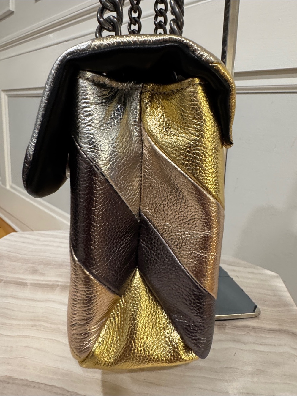 Kurt Geiger Bag Large Kensington Metallic Gold Silver Gray Stripe Shoulder Bag - Picture 7 of 17